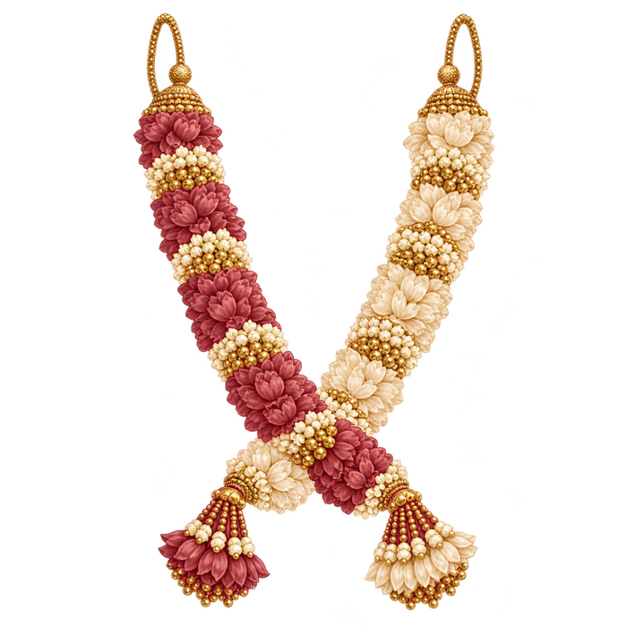 Two crossed floral Varmala garlands